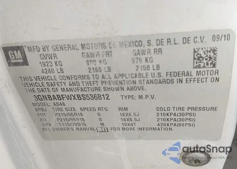 2011 Chevrolet Hhr Lt from USA, damaged, VIN 3GNBABFWXBS536812